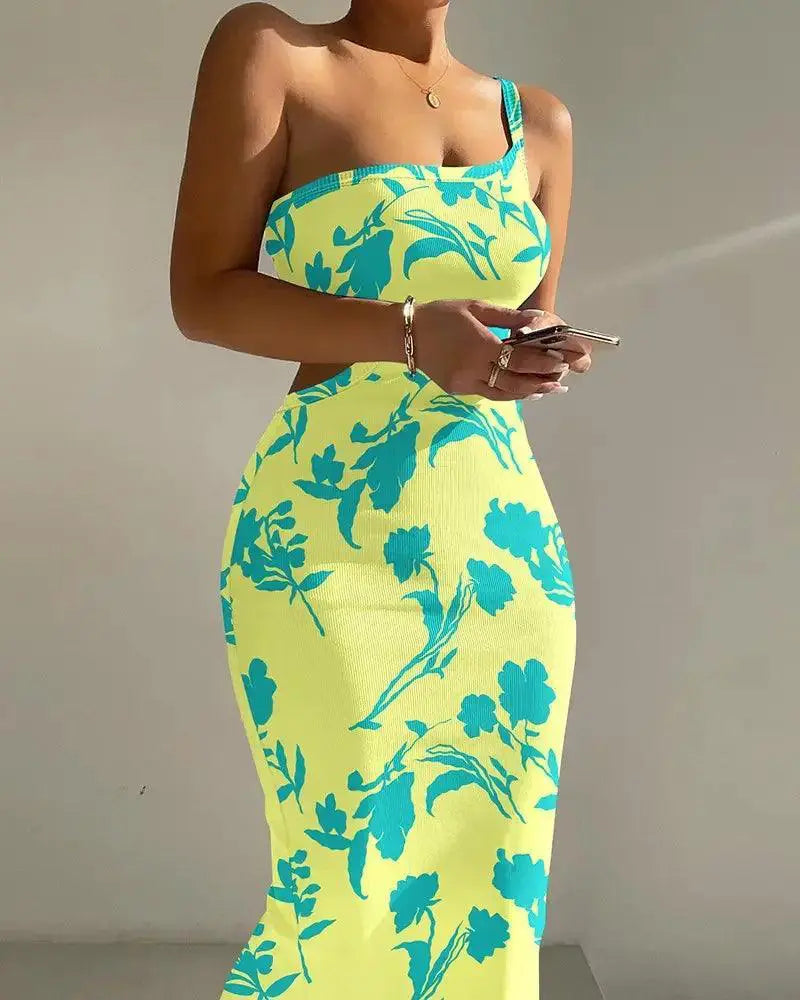 Elegant Ombre One Shoulder Ribbed Bodycon Midi Dress
