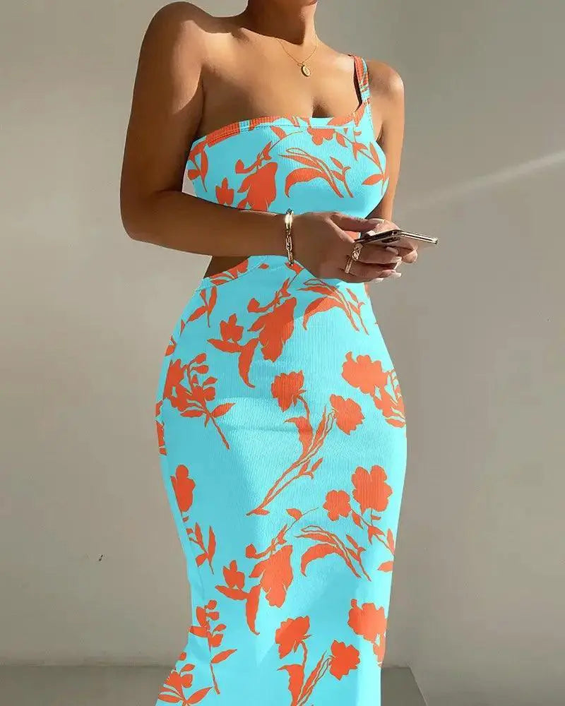 Elegant Ombre One Shoulder Ribbed Bodycon Midi Dress