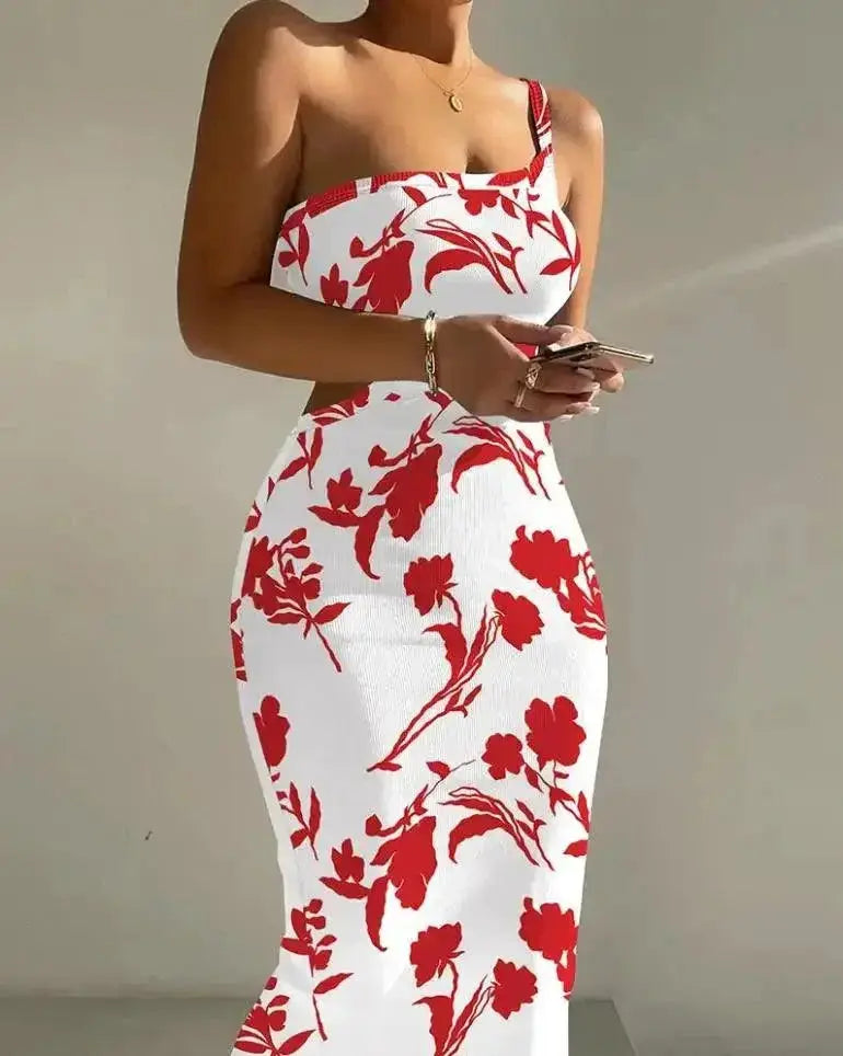 Elegant Ombre One Shoulder Ribbed Bodycon Midi Dress