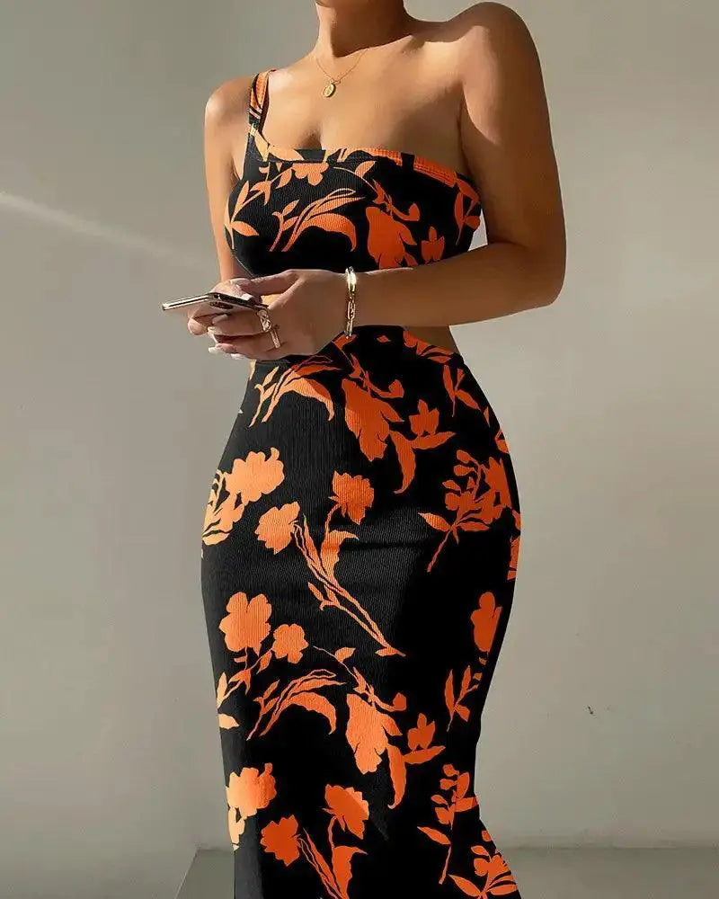 Elegant Ombre One Shoulder Ribbed Bodycon Midi Dress