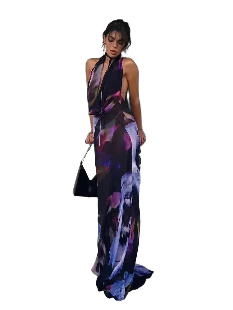 Elegant Purple Print Halter Maxi Dress For Beachwear