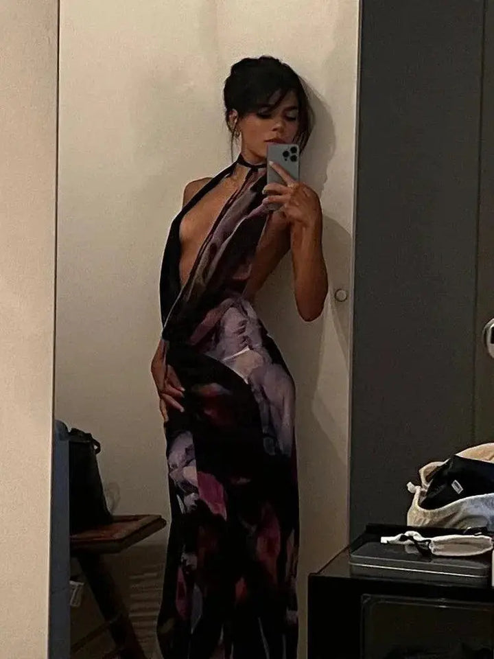 Elegant Purple Print Halter Maxi Dress For Beachwear