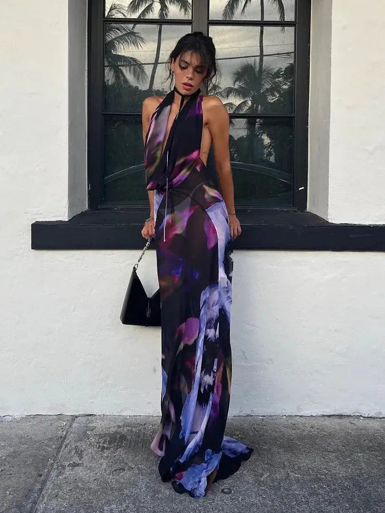 Elegant Purple Print Halter Maxi Dress For Beachwear
