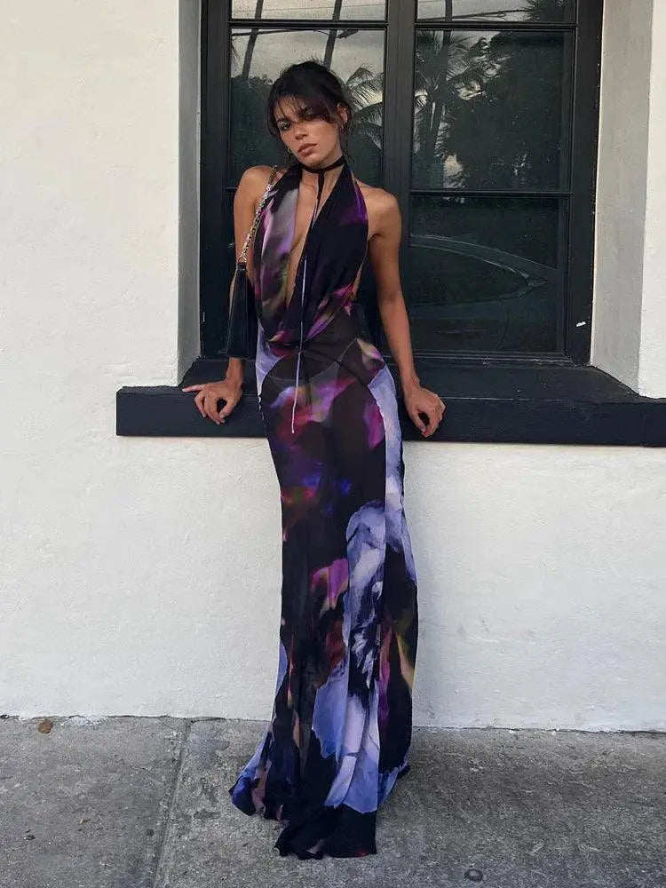 Elegant Purple Print Halter Maxi Dress For Beachwear