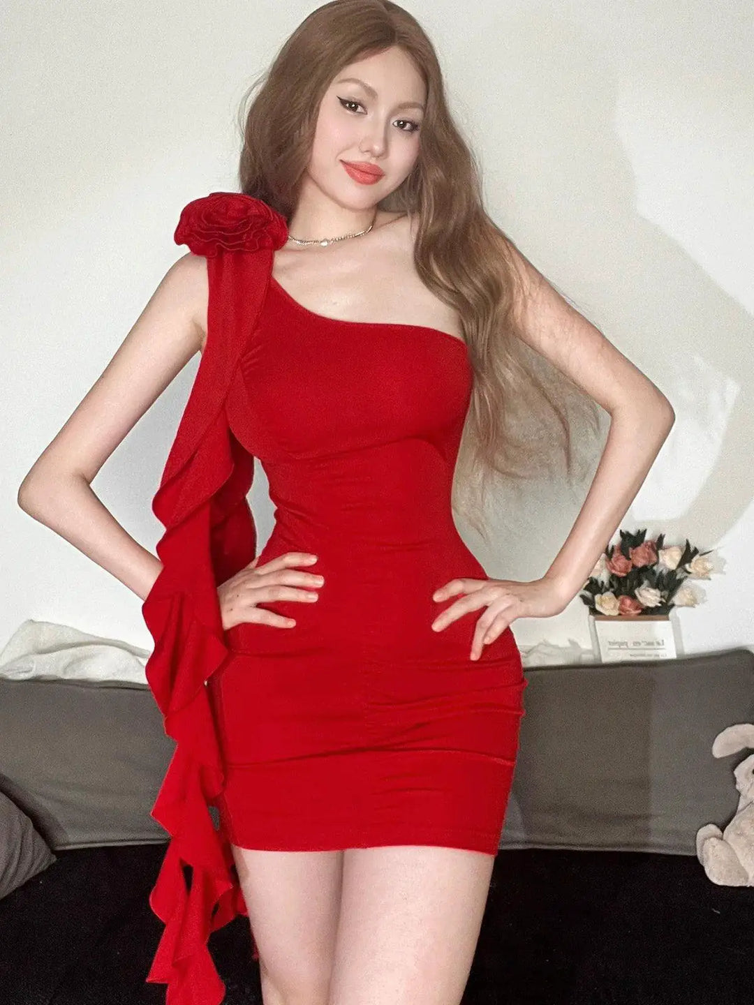 Elegant Rose One Shoulder Bodycon Dress For Women Fashion