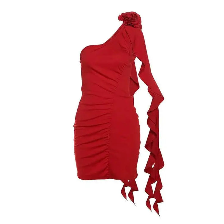 Elegant Rose One Shoulder Bodycon Dress For Women Fashion