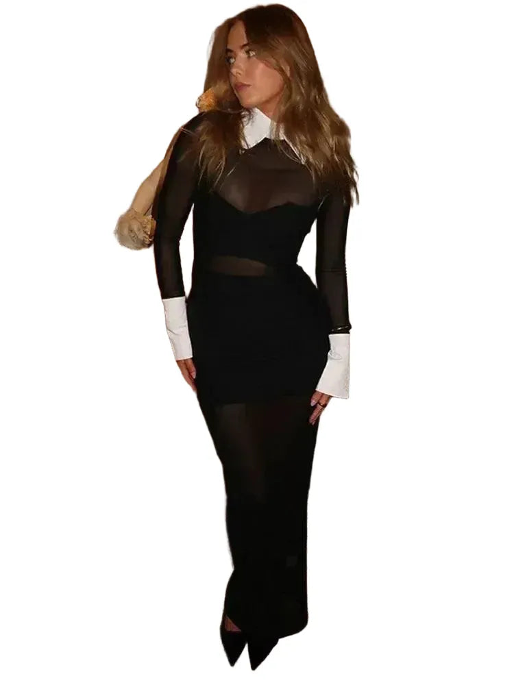 Vintage Black Mesh Bodycon Maxi Dress Evening Elegance