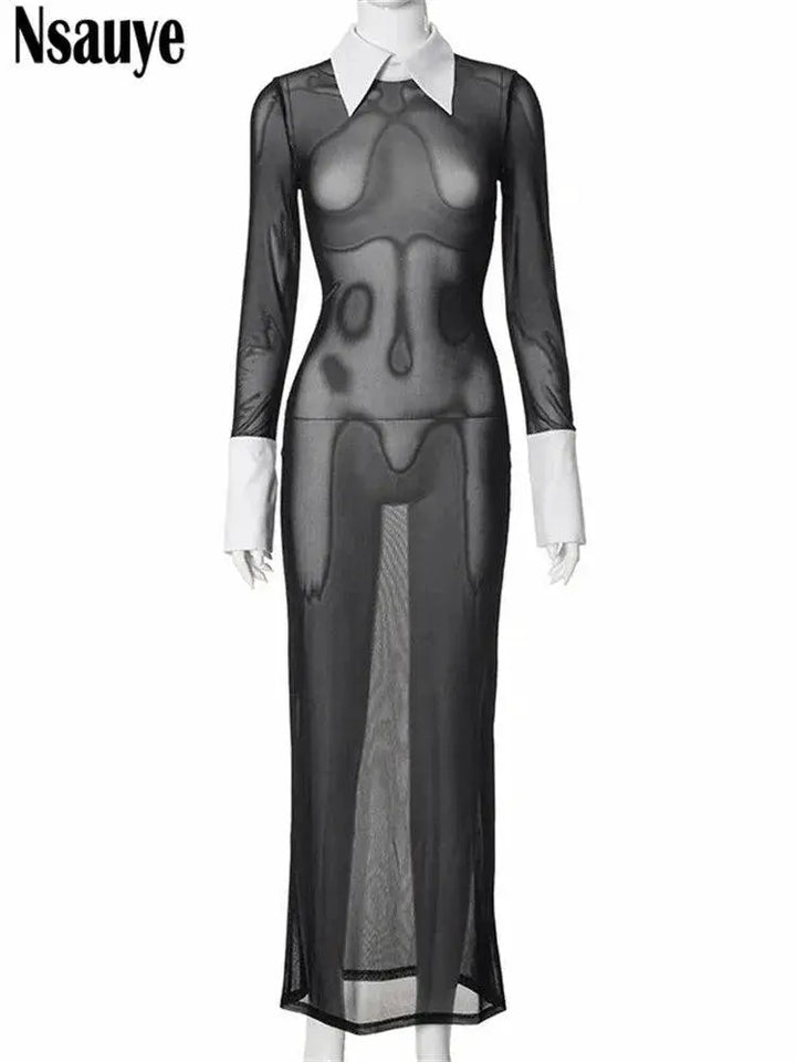 Vintage Black Mesh Bodycon Maxi Dress Evening Elegance