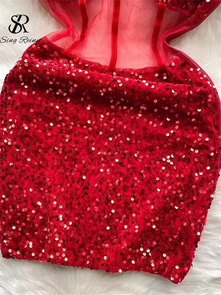 Glamorous Mesh Sequins Midi Dress Elegant Bodycon Style