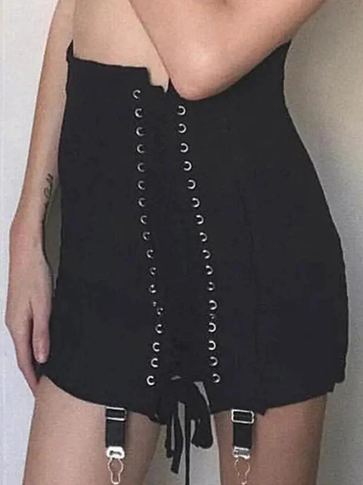 Gothic Patchwork Vintage High Waist Mini Skirt With Lace Up - OurLum.com