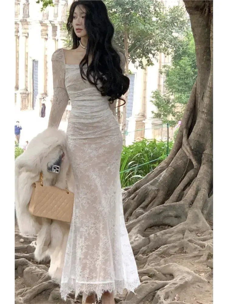 Mermaid Lace Evening Dress Spaghetti Strap Gown Chic