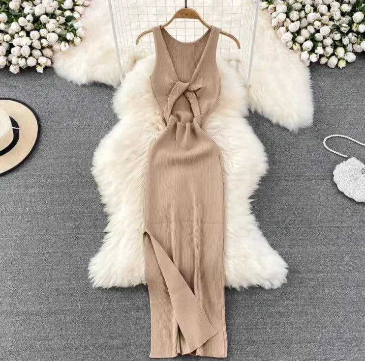 Korean Knitted V Neck Bodycon Dress Chic Hollow Out Style
