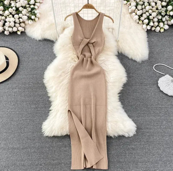 Korean Knitted V Neck Bodycon Dress Chic Hollow Out Style
