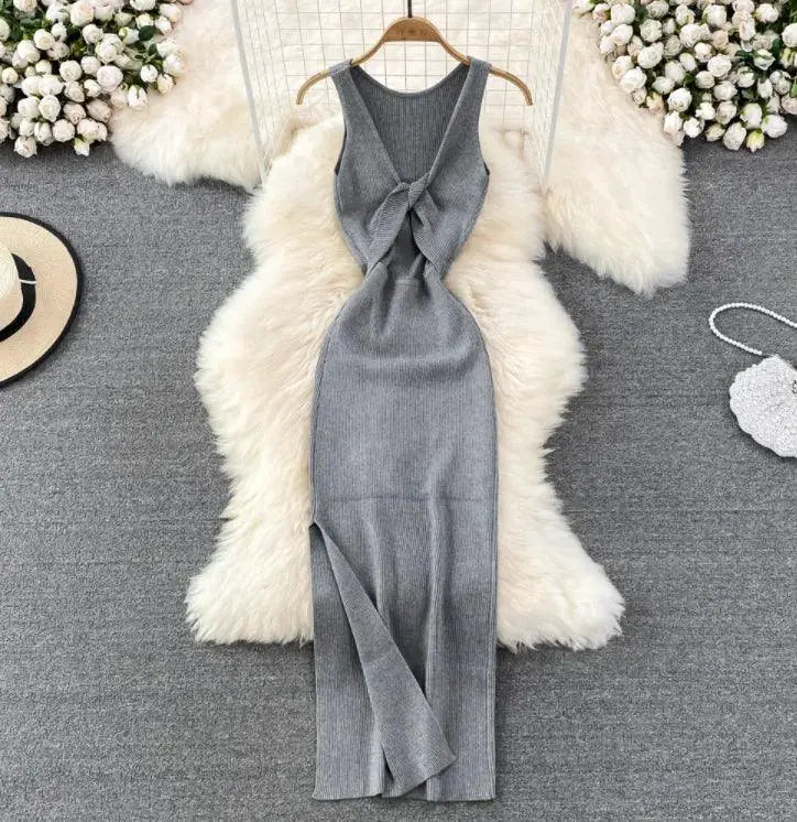 Korean Knitted V Neck Bodycon Dress Chic Hollow Out Style