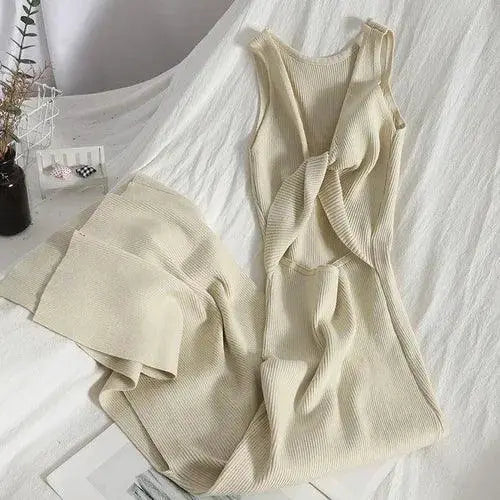Korean Knitted V Neck Bodycon Dress Chic Hollow Out Style