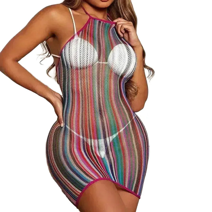 Rainbow Halter Fishnet Dress For Beach Style And Comfort