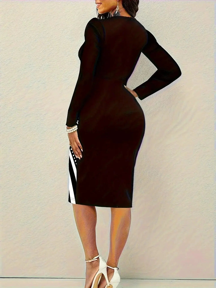 Secret Elegance Geometric Pattern Long Sleeve Bodycon Dress