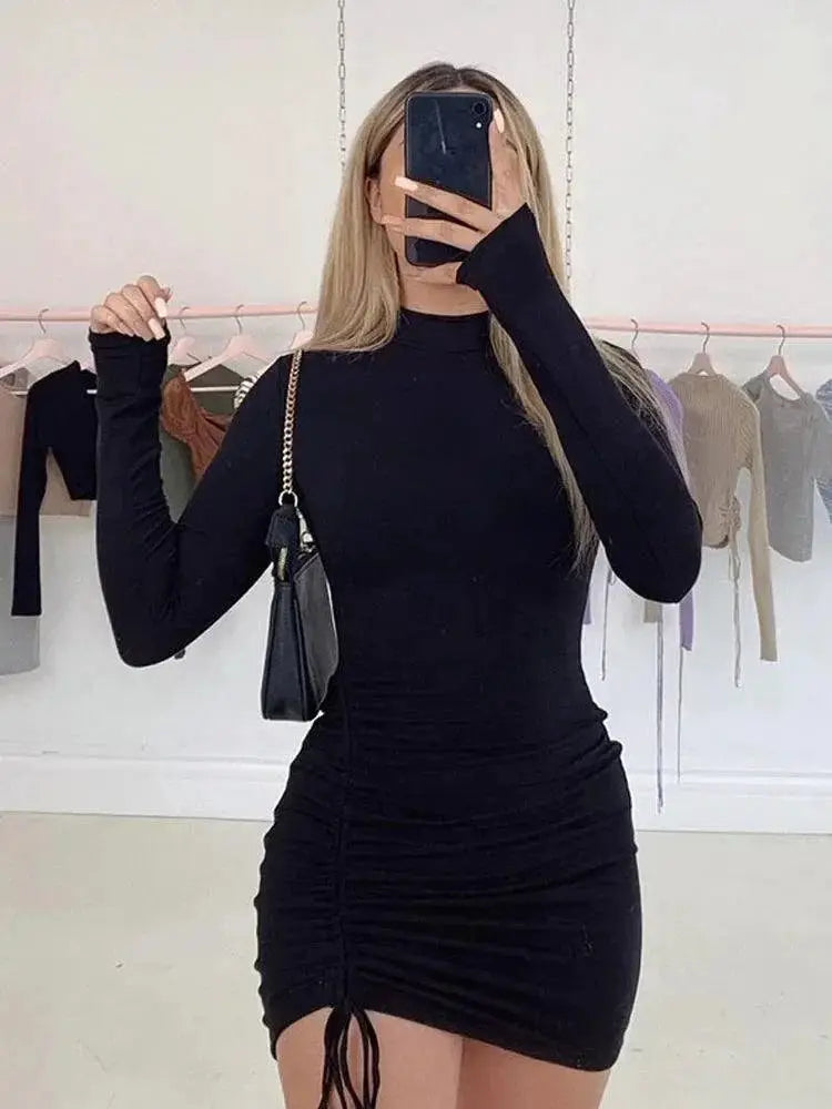 Sleek Turtleneck Bodycon Dress Long Sleeve Ruched Evening