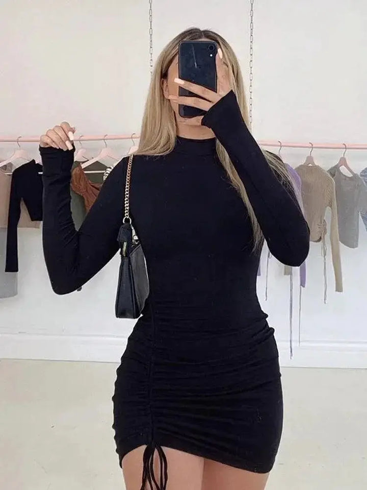Sleek Turtleneck Bodycon Dress Long Sleeve Ruched Evening
