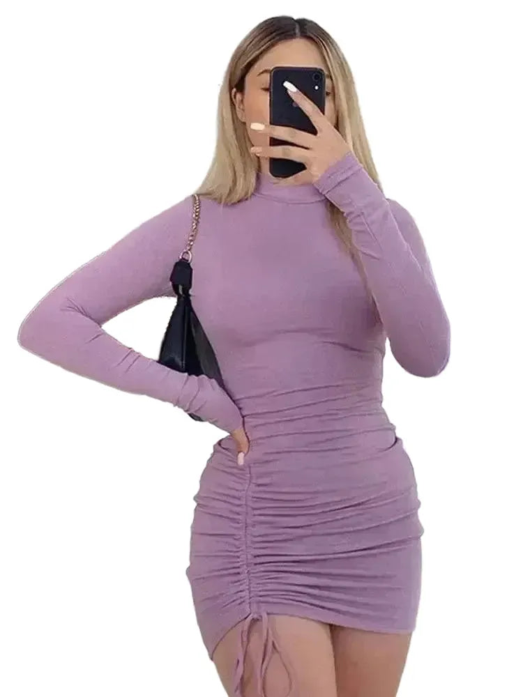 Sleek Turtleneck Bodycon Dress Long Sleeve Ruched Evening