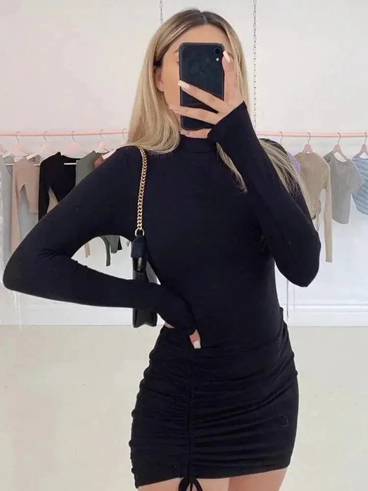 Sleek Turtleneck Bodycon Dress Long Sleeve Ruched Evening