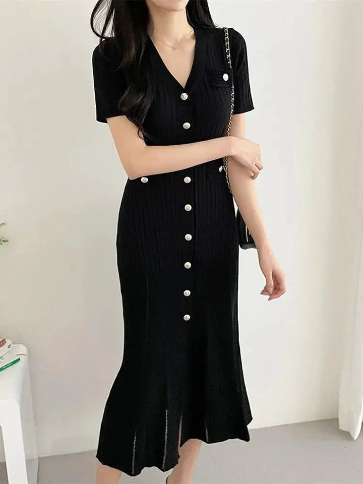 Stylish Black Bodycon Knit Midi Dress Korean Elegance