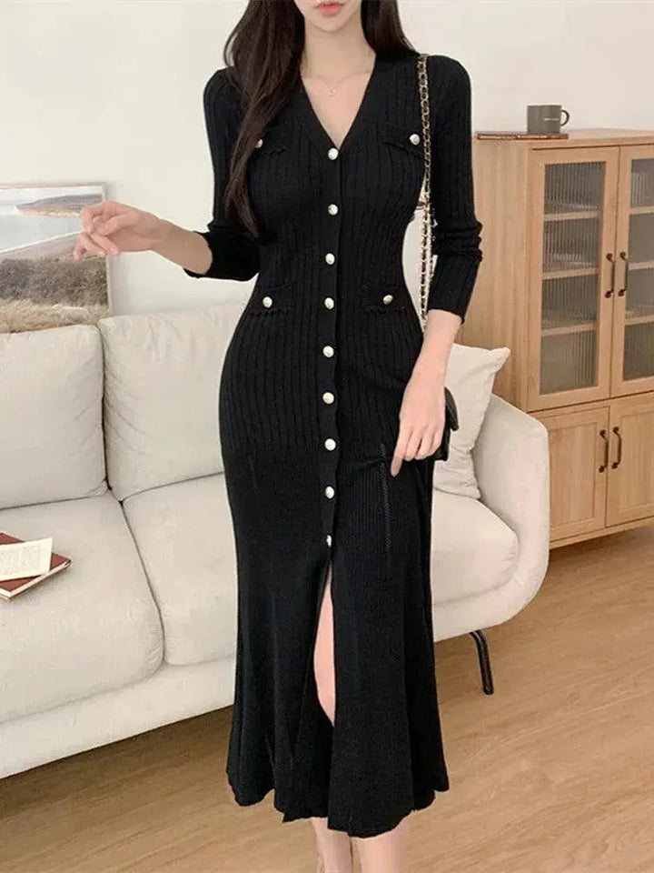 Stylish Black Bodycon Knit Midi Dress Korean Elegance