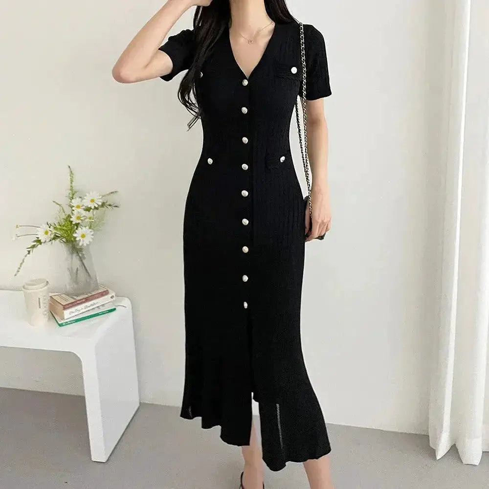 Stylish Black Bodycon Knit Midi Dress Korean Elegance