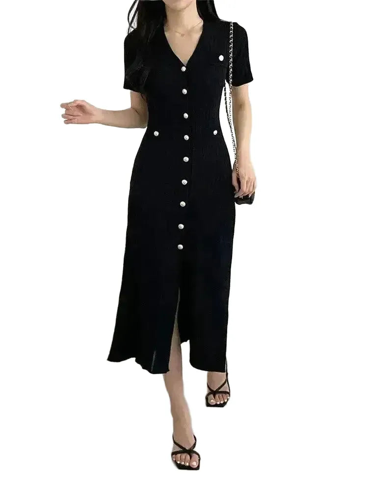 Stylish Black Bodycon Knit Midi Dress Korean Elegance