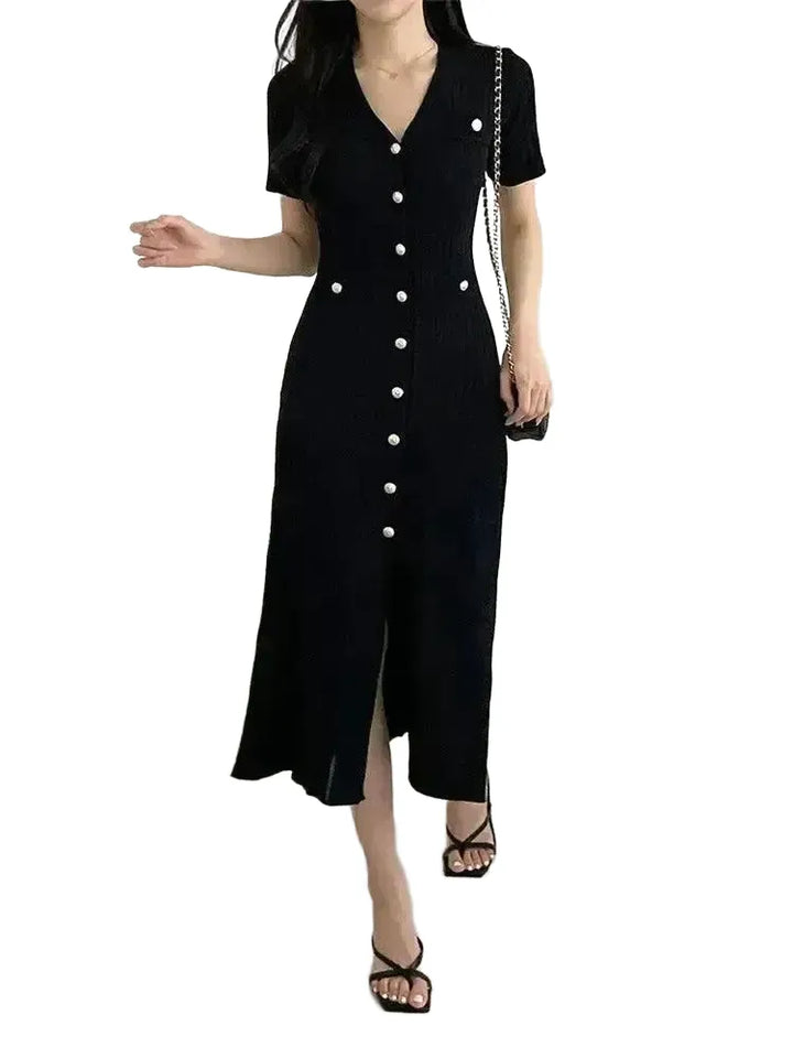 Stylish Black Bodycon Knit Midi Dress Korean Elegance
