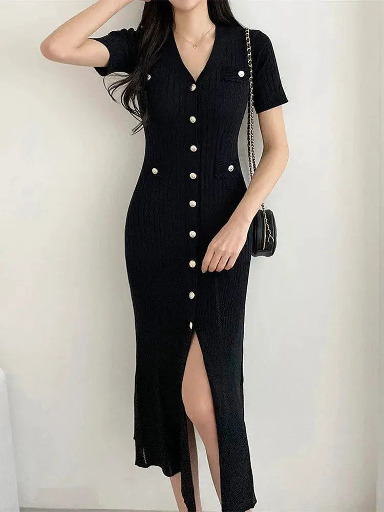 Stylish Black Bodycon Knit Midi Dress Korean Elegance