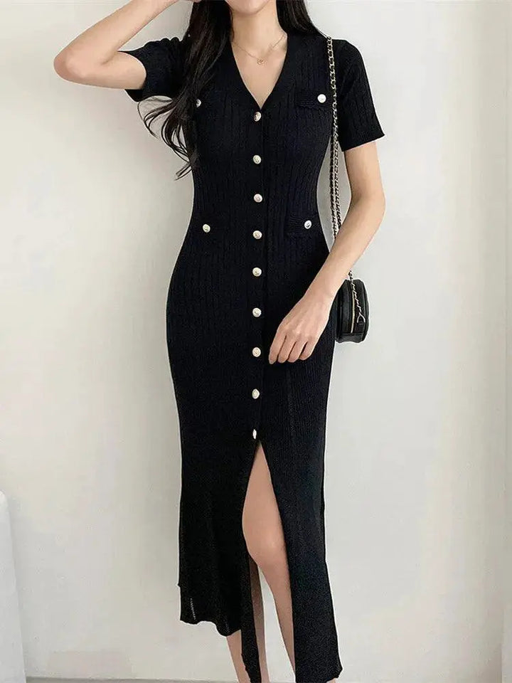 Stylish Black Bodycon Knit Midi Dress Korean Elegance