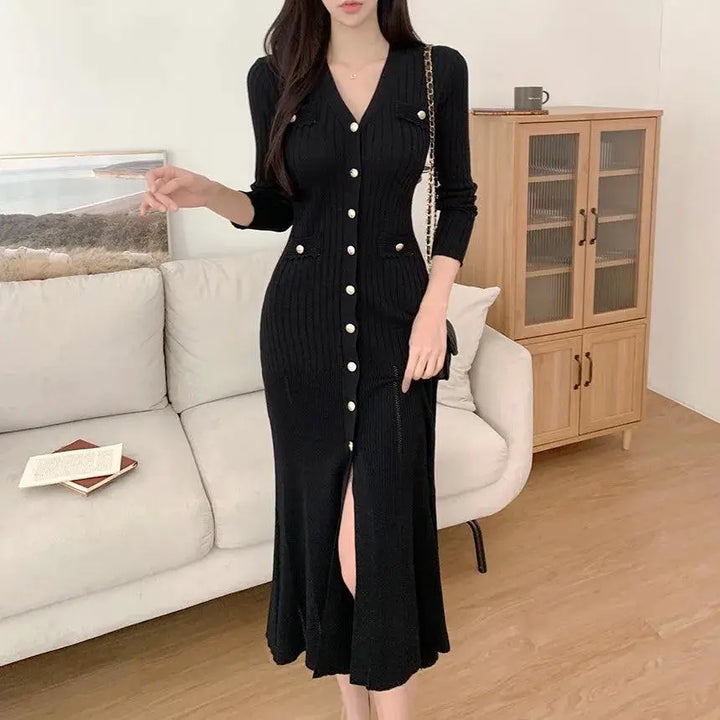 Stylish Black Bodycon Knit Midi Dress Korean Elegance
