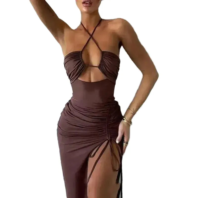 Summer Black Lace Up Halter Bodycon Dress For Elegant Party