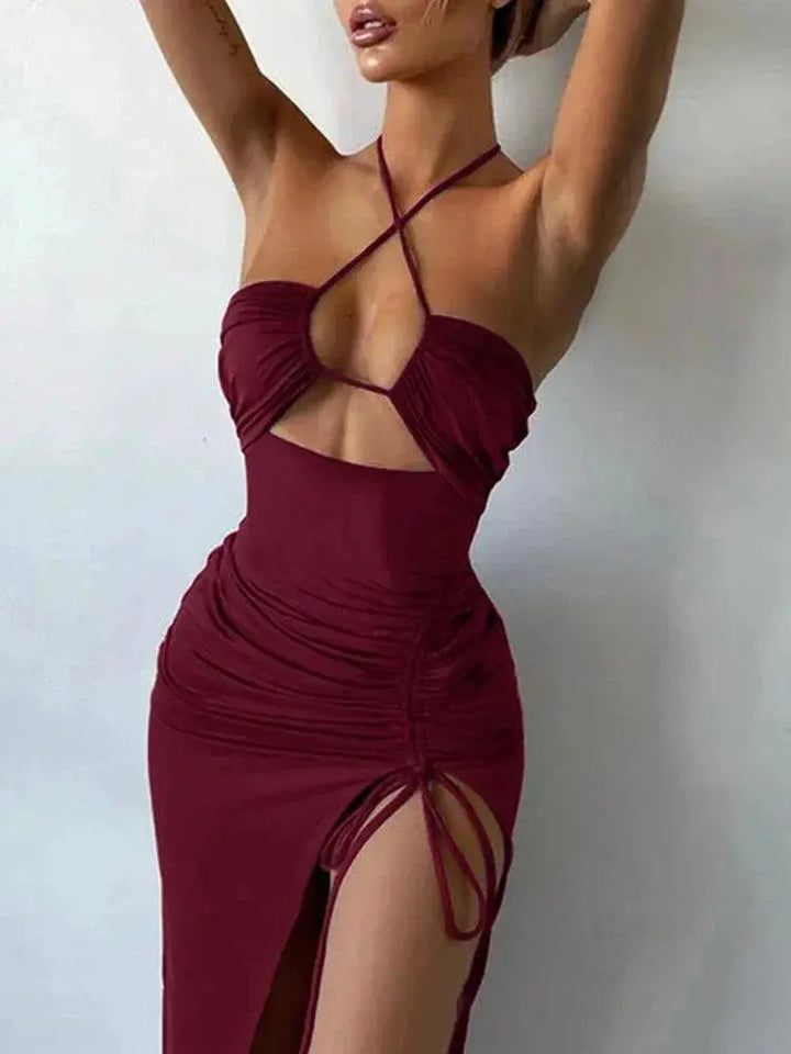 Summer Black Lace Up Halter Bodycon Dress For Elegant Party
