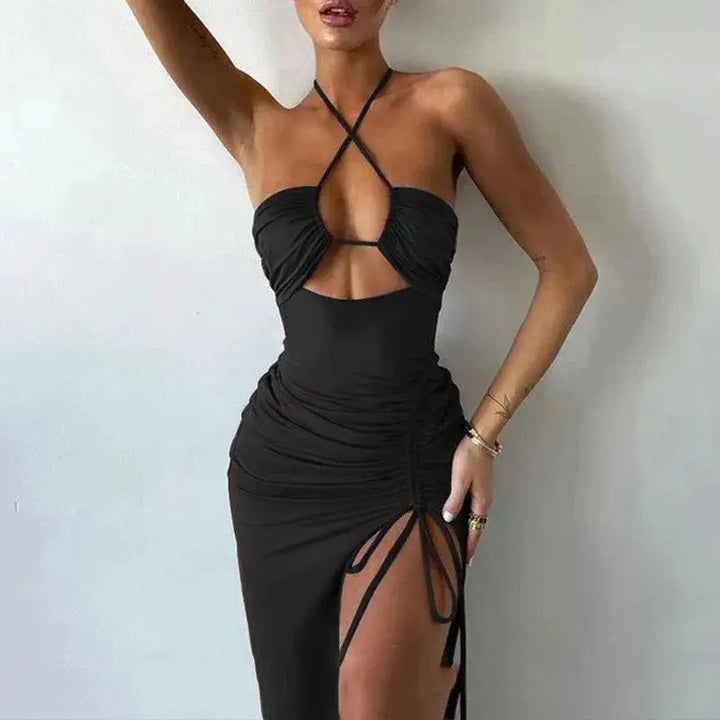 Summer Black Lace Up Halter Bodycon Dress For Elegant Party