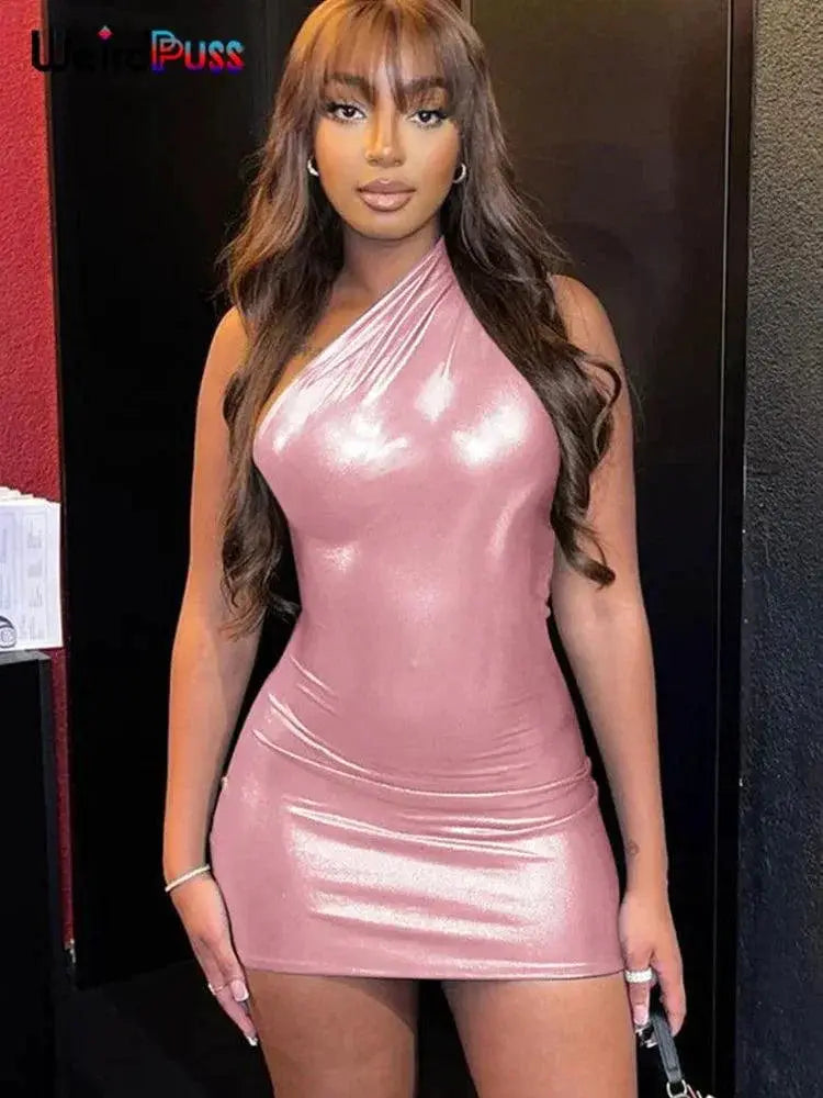Weird Puss Mysterious Shoulder Peach Bodycon Dress Night Out