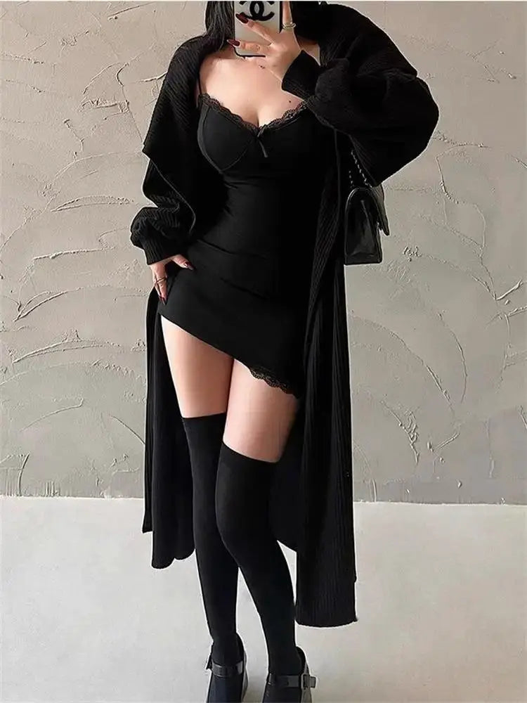 Y2K Lace Patchwork Black Bodycon Dress Clubwear Night Out