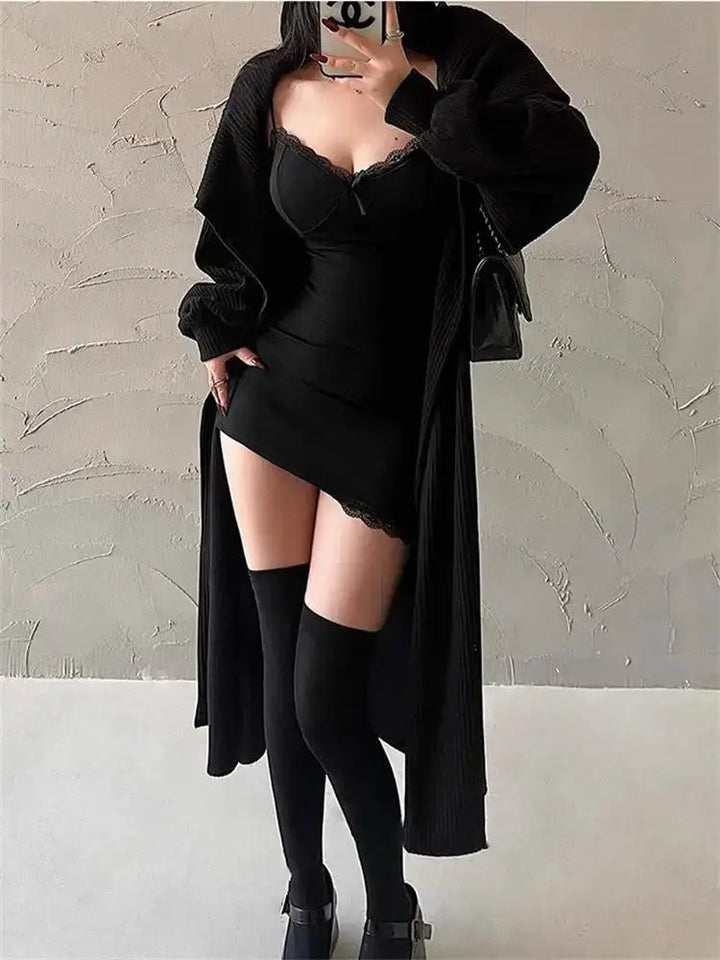 Y2K Lace Patchwork Black Bodycon Dress Vintage Clubwear